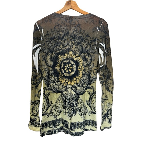 Vintage Cache Knit Baroque Print Top M Gold Black Long Sleeve Stretch - Picture 2 of 11